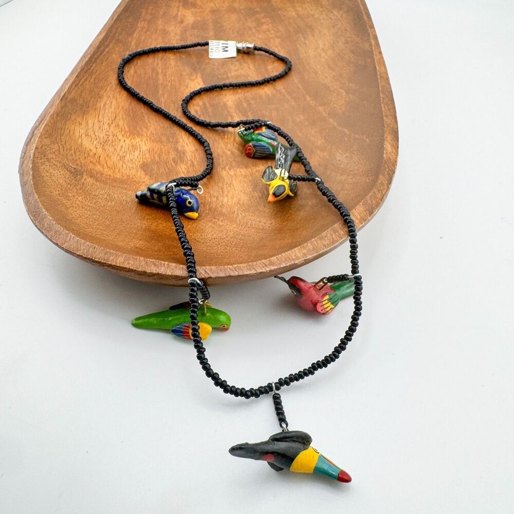 Vintage UPAVIM Guatemala Ceramic Bird Necklace Hand Painted Folk Art Fair Trade